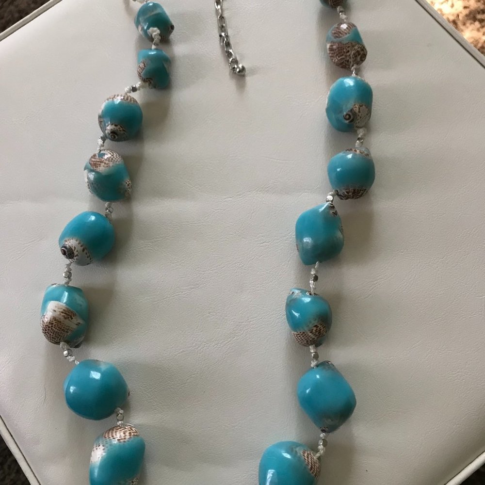 Chico's Beaded Blue Turquoise Faux Shell Heavy Statement Necklace